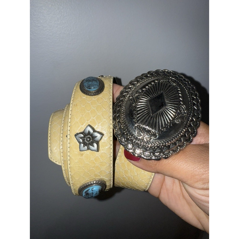 Western Belt Sz L Turquoise Concho Silver Yellow Leather Snakeskin 36.5"